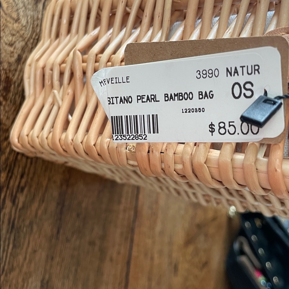 Woven Straw Crossbody Bag with Pearl Bead Handle - Natural - Picture 2 of 3